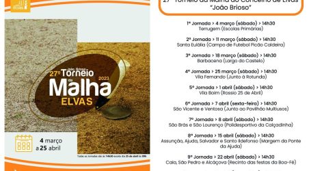 A terceira jornada do 27º Torneio da Malha do Concelho de Elvas “João Brioso” realiza-se este sábado, dia 18, às 14h30, em Barbacena