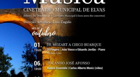 A Câmara Municipal de Elvas dedica o mês de outubro à música. Ao longo deste mês, no Cine-Teatro Municipal de Elvas, decorrem concertos em que a música é o principal ingrediente.